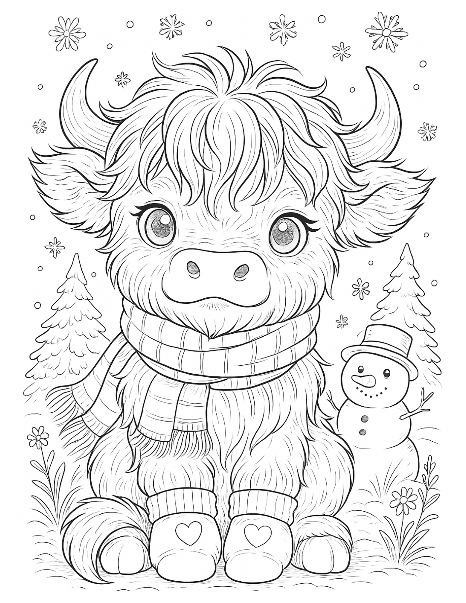 Cute Winter Highland Cow Coloring page