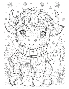 Cute Winter Highland Cow Coloring page